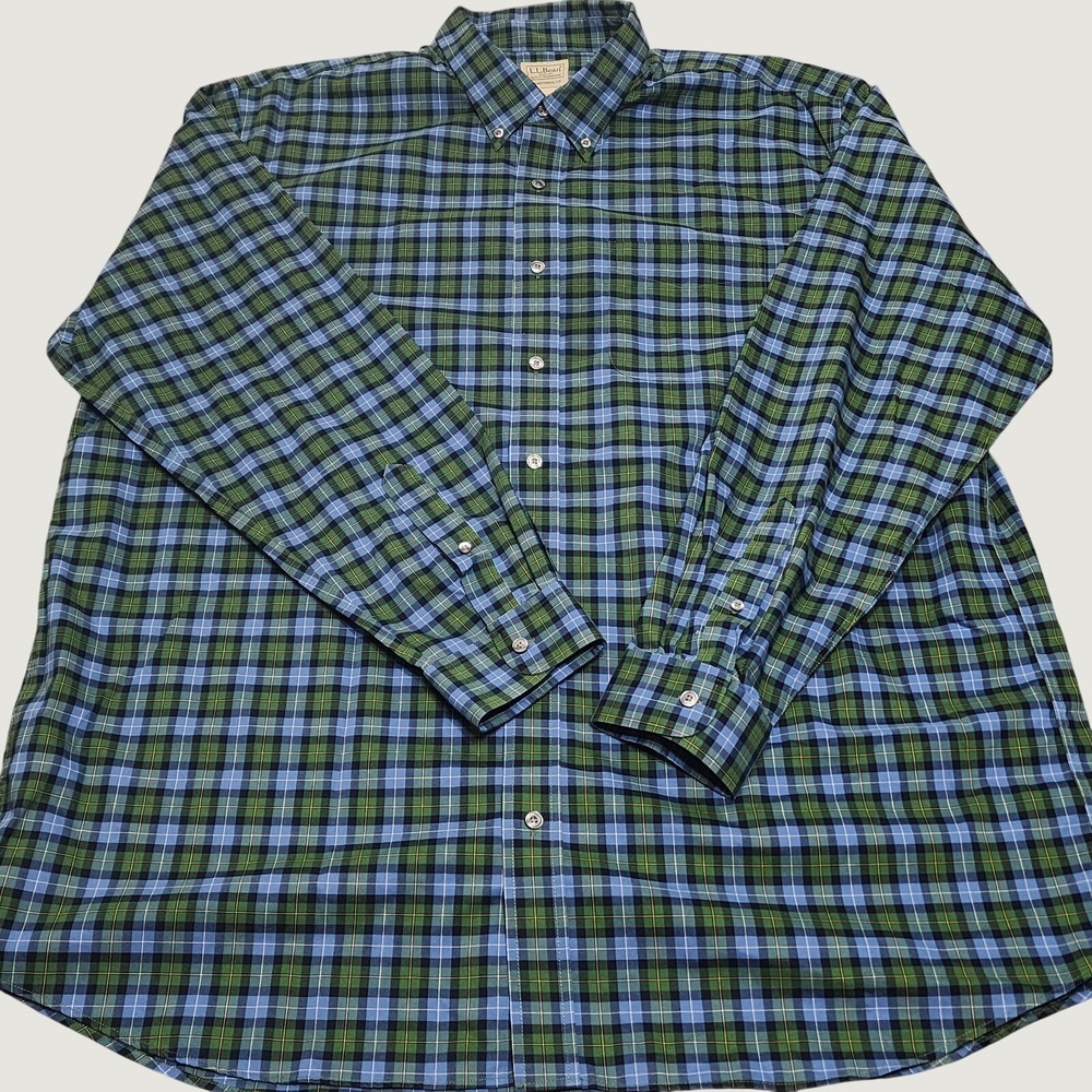 LL Bean Shirt Mens 2XLT XXL Tall Blue Green Plaid Cotton Long Sleeve Button Down